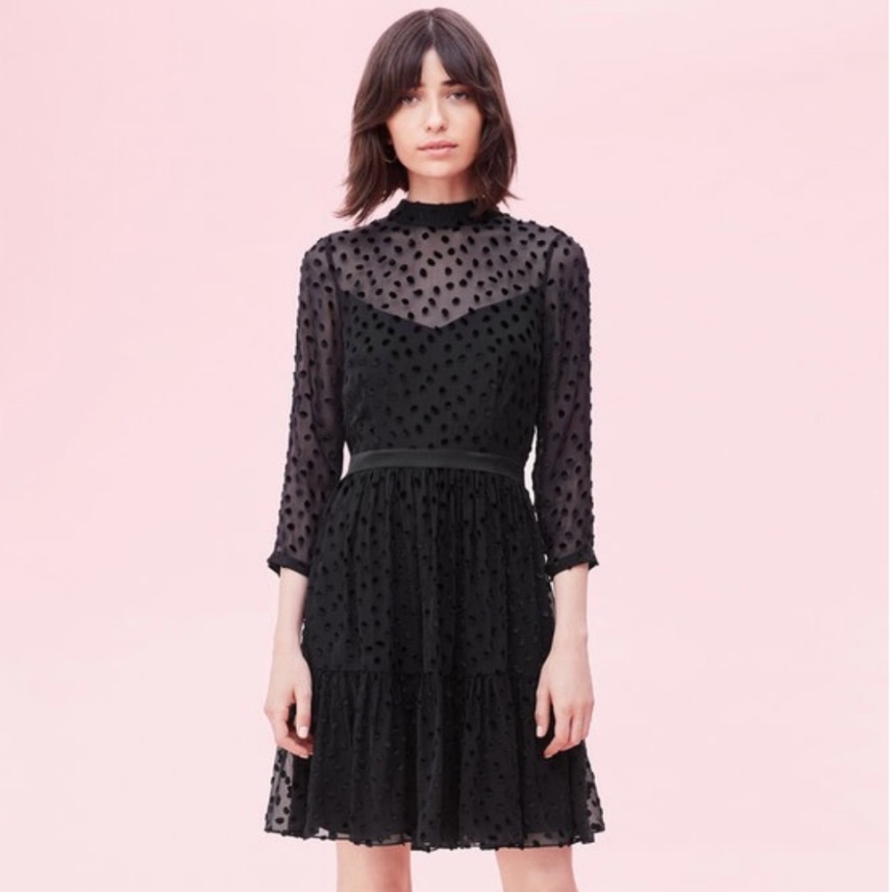 Rebecca Taylor Black Sheer Dot-Overlay Long Sleeve Fit & Flare Dress